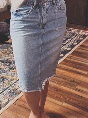Light Blue Denim Pencil Skirt with Frayed Hem